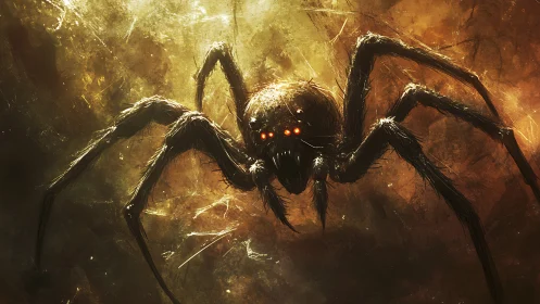 Nightmarish giant spider stalks through burning shadows.