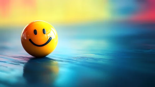 Yellow smiley face ball on glossy colorful surface.