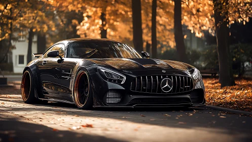 Black Mercedes sports car gleams under golden autumn light.