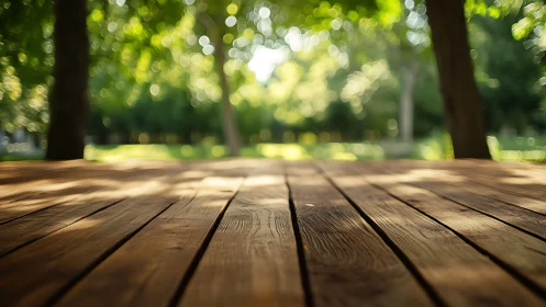 Sunlit wooden deck surface under shallow depth of field bokeh