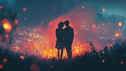 Silhouetted couple kissing amid glowing bokeh lights