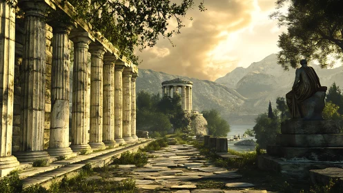 Sunlit ancient colonnade leads to a serene temple by water