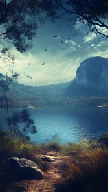Peaceful lakeside trail beneath a misty mountain sky.