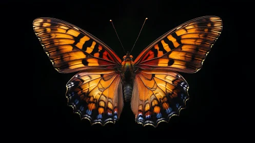 Golden-winged butterfly glowing gently against night sky.