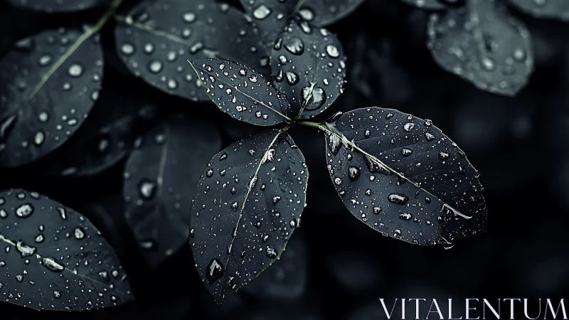 Dark botanical leaves with rain droplets in macro focus.
