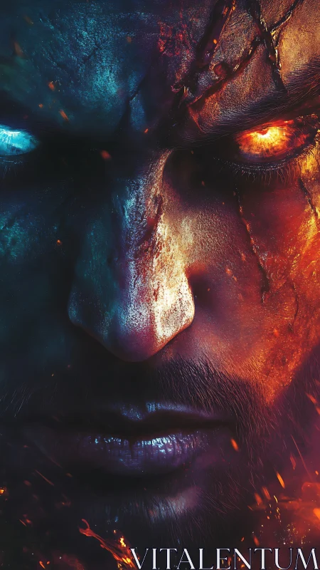 Dual-colored elemental warrior face in intense close-up.