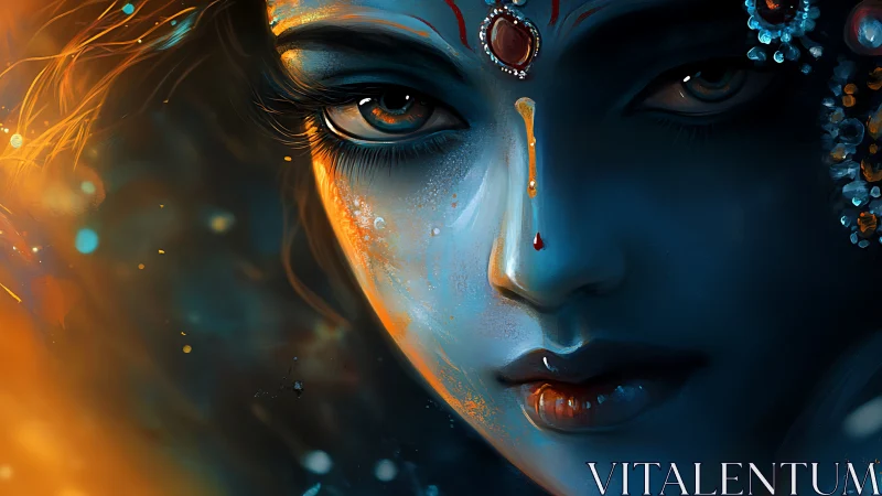 Chromatic deity portrait with spectral bokeh and molten highlights.