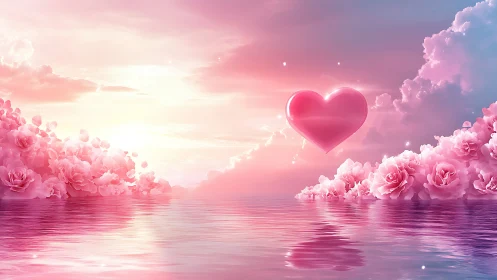 Glowing heart form centered in pink floral landscape