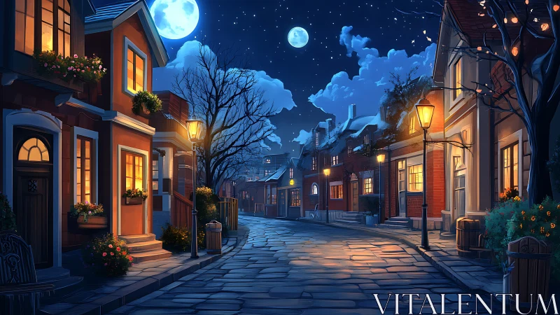 Moonlit cobblestone street glows with warm, inviting windows