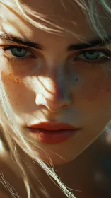 Intense teal gaze in sunlit close-up digital portrait.