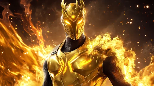 Golden flame guardian rising in a storm of fire and light.