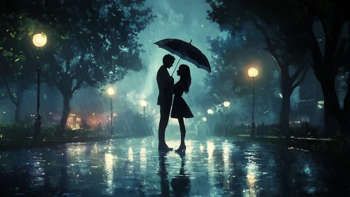 Two souls dance through the downpour's luminous embrace
