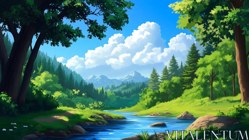 Mountain Valley Landscape with River and Forest Scenery