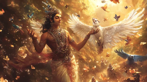 Divine figure with doves in radiant golden atmosphere.