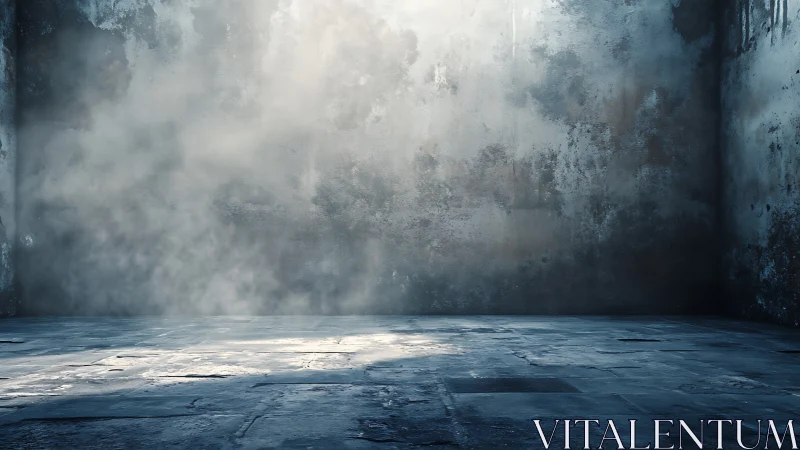 Textured concrete room with moody volumetric side lighting.