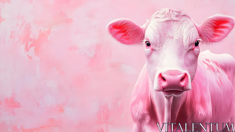 Pink cow portrait stands against dreamy textured backdrop.