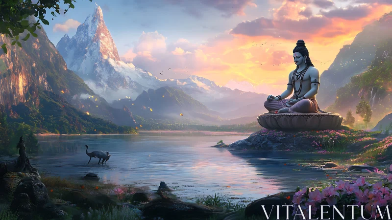 Serene mountain lake cradles a meditating figure at sunrise