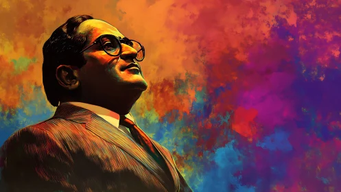 Confident suited man gazes upward amid vibrant color clouds