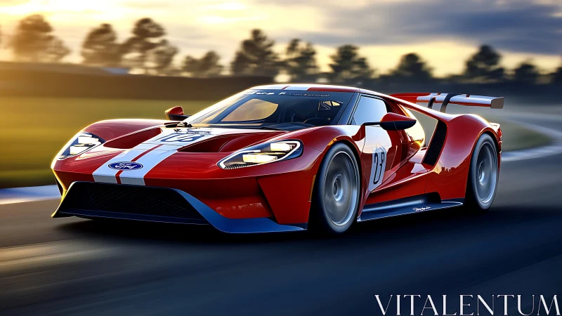 Red race car powers through sunset track in dramatic motion