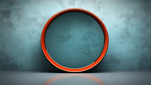 Minimalist orange ring sculpture rests in cool teal space