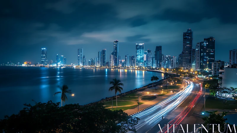 Coastal city skyline glowing softly under a tranquil night.