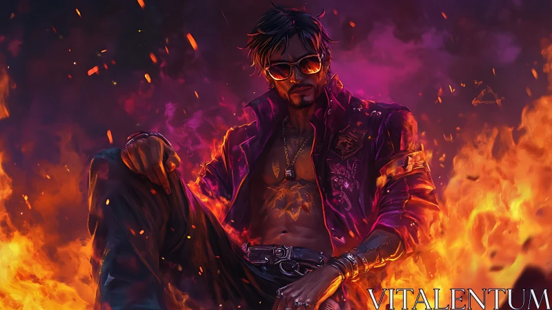 Male figure sits in foreground surrounded by stylized fire glow