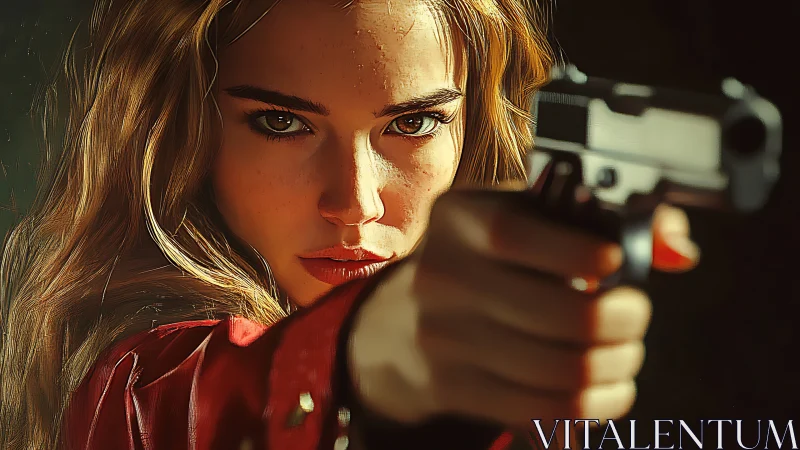 Close-range female protagonist aiming semiautomatic pistol