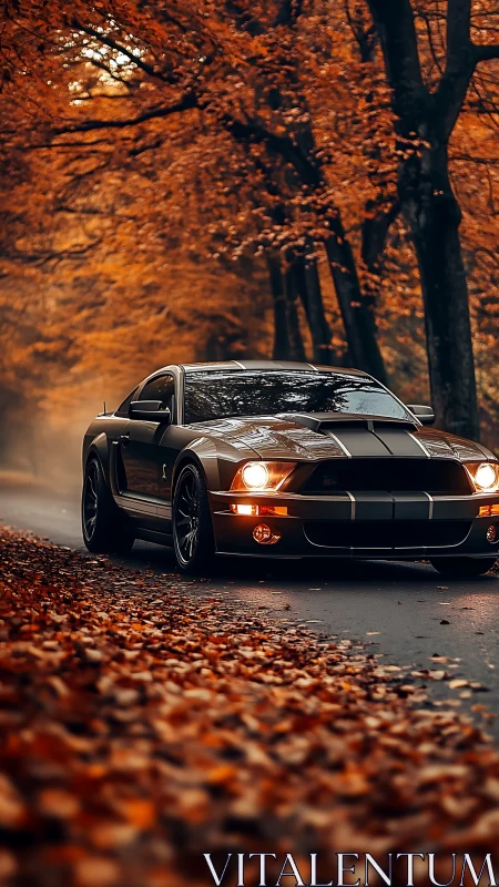 Muscular black Mustang prowls through a tunnel of autumn fire