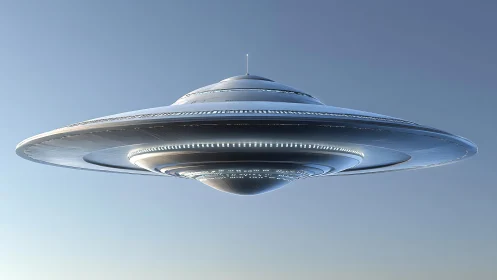 Futuristic metallic disc-shaped UFO craft with concentric hull lighting