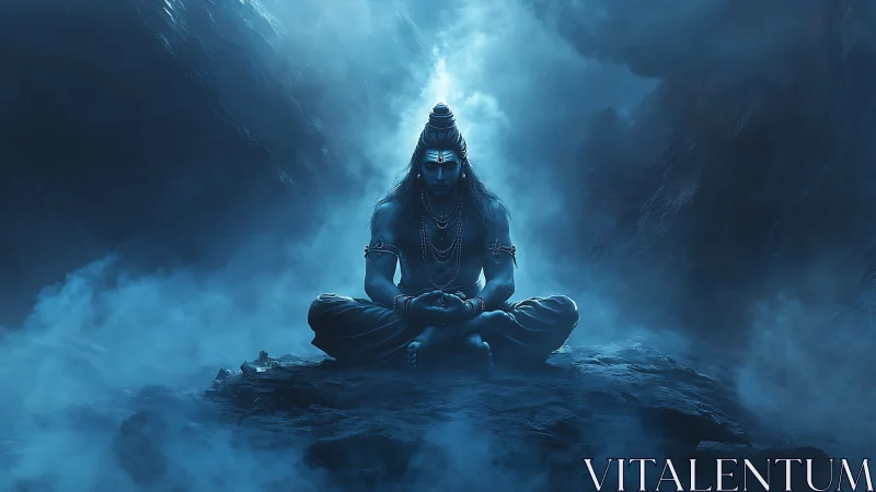 Blue divine yogi meditates on misty mountain summit