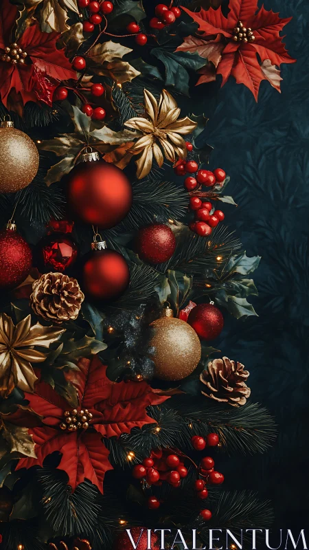 Festive Christmas tree macro with poinsettias and ornaments