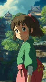 Young girl in green kimono before sunlit hill town.