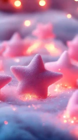Pink foam star rests on soft surface with defocused lights