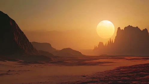 Alien desert sun descends behind jagged distant cliffs