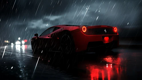 Crimson supercar gliding through neon rainlit midnight streets.