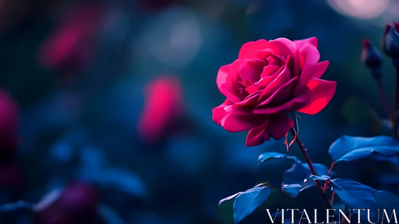 Vibrant Magenta Rose Blooms Against Deep Blue Night.