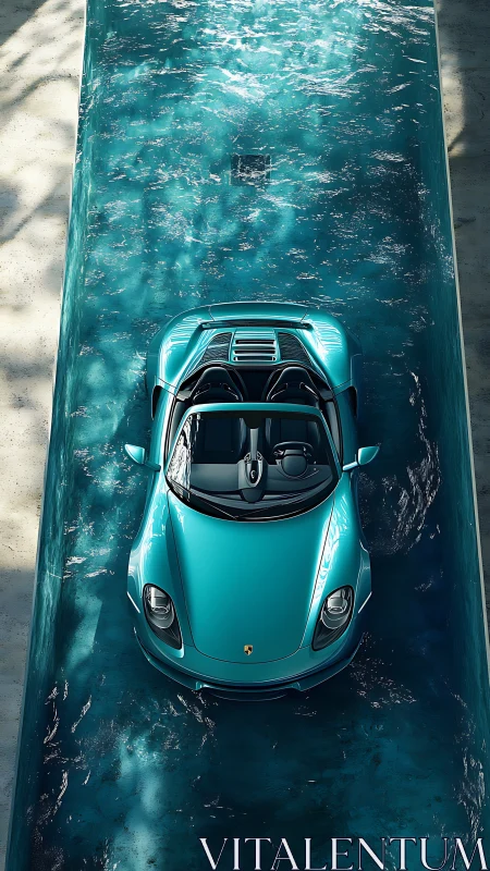 Turquoise sports convertible aligned in narrow water channel.