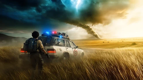 Storm-chasing car and lone explorer under tornadic sky.