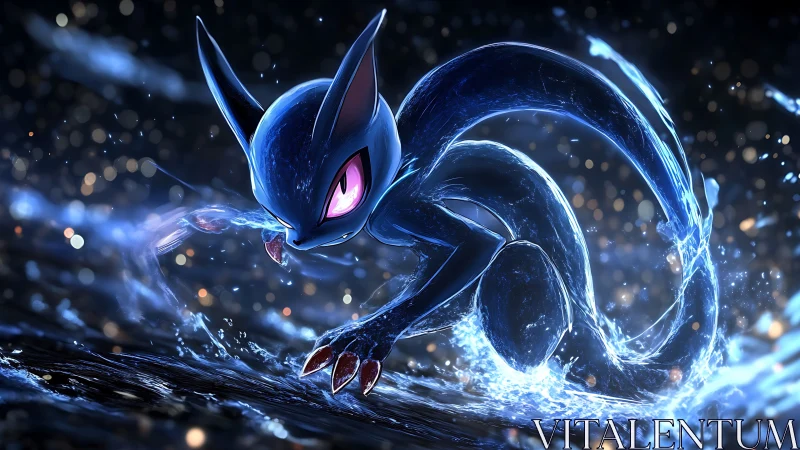 Sleek blue creature lunging through swirling water light.