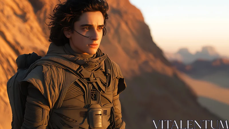 Desert wanderer pauses at sunrise, wrapped in quiet resolve.