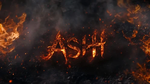 Fiery ash text effect against dark background with flames
