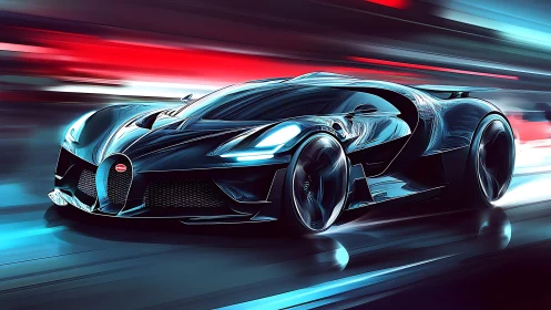 Futuristic hypercar slices through neon city at high speed