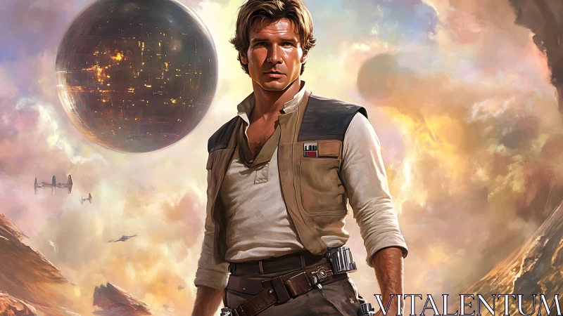 Galactic pilot stands boldly before a glowing battle station