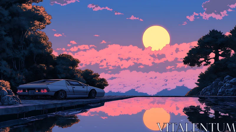 Retro sports car by reflective lake at neon dusk horizon