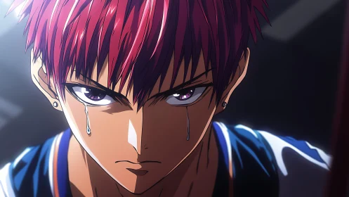 Crimson haired anime player confronts loss with burning resolve.