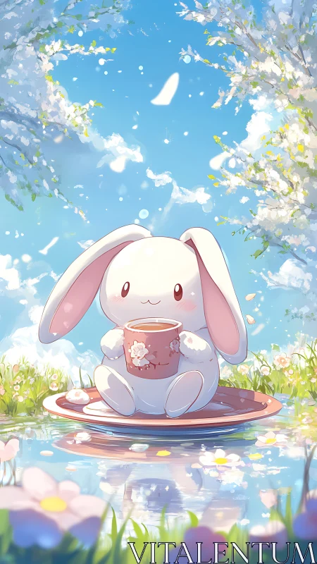 Gentle spring bunny savoring tea on a sunny petal pond.