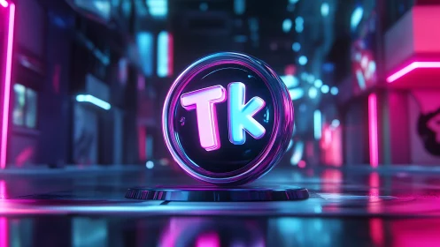 Neon Tk logo sphere in glossy futuristic city scene.