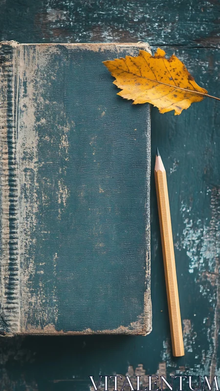 Weathered teal journal with autumn leaf and pencil still life.