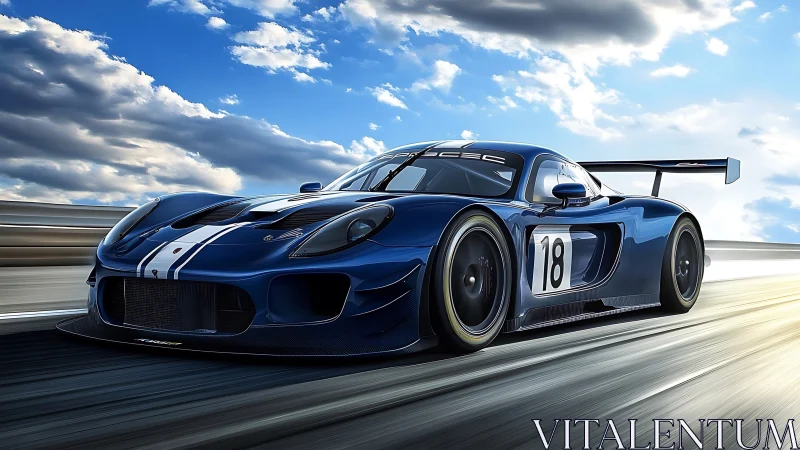 Midnight blue GT race car attacking sunlit speedway.