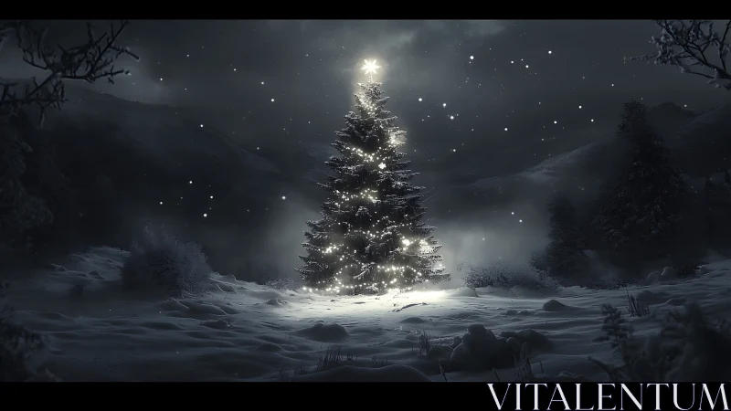 Illuminated evergreen tree centered in a snowy night landscape.